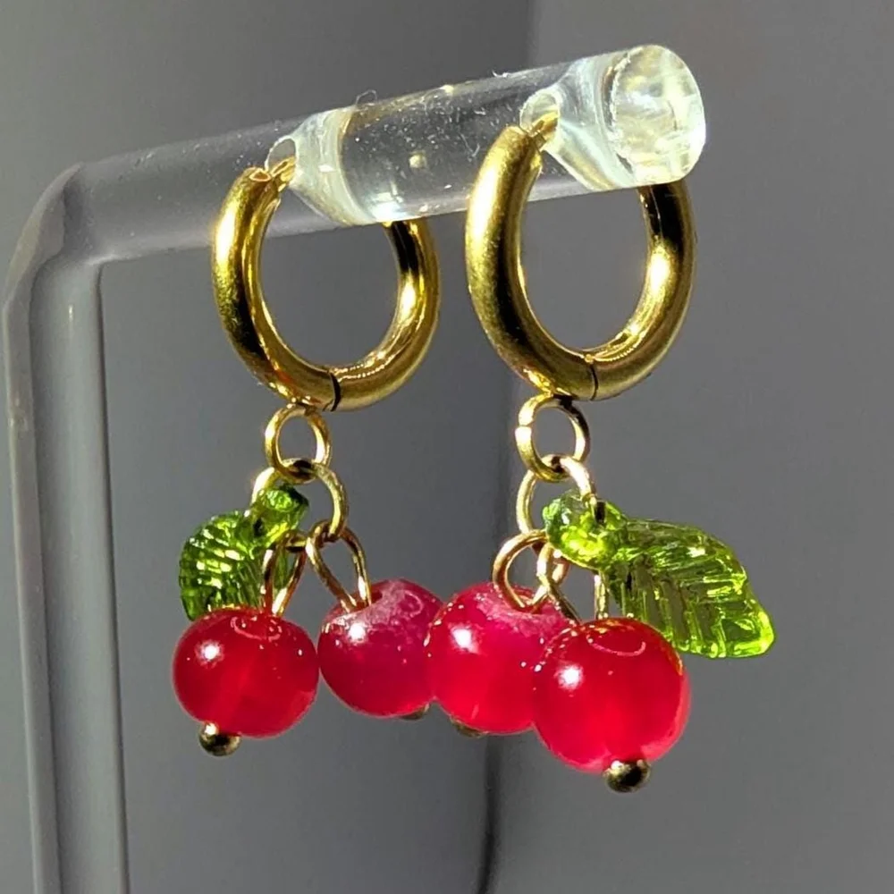Gold Cherry Huggie Earrings, Gold Ion Plated Stainless Steel Hoops, Glass Beads - Picture 5 of 6